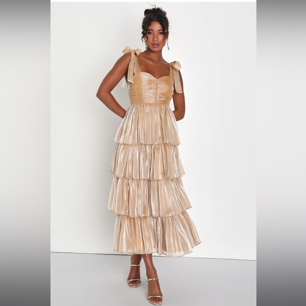 Radiant Arrival Shiny Gold Organza Tiered Tie-Strap Maxi Dress, Lulus size Large